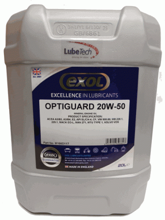 Exol Optiguard 20w50 20 Litre High Specification Mineral Engine Oil API SL/CH-4, CF, ACEA A3/B3, A3/B4, E2