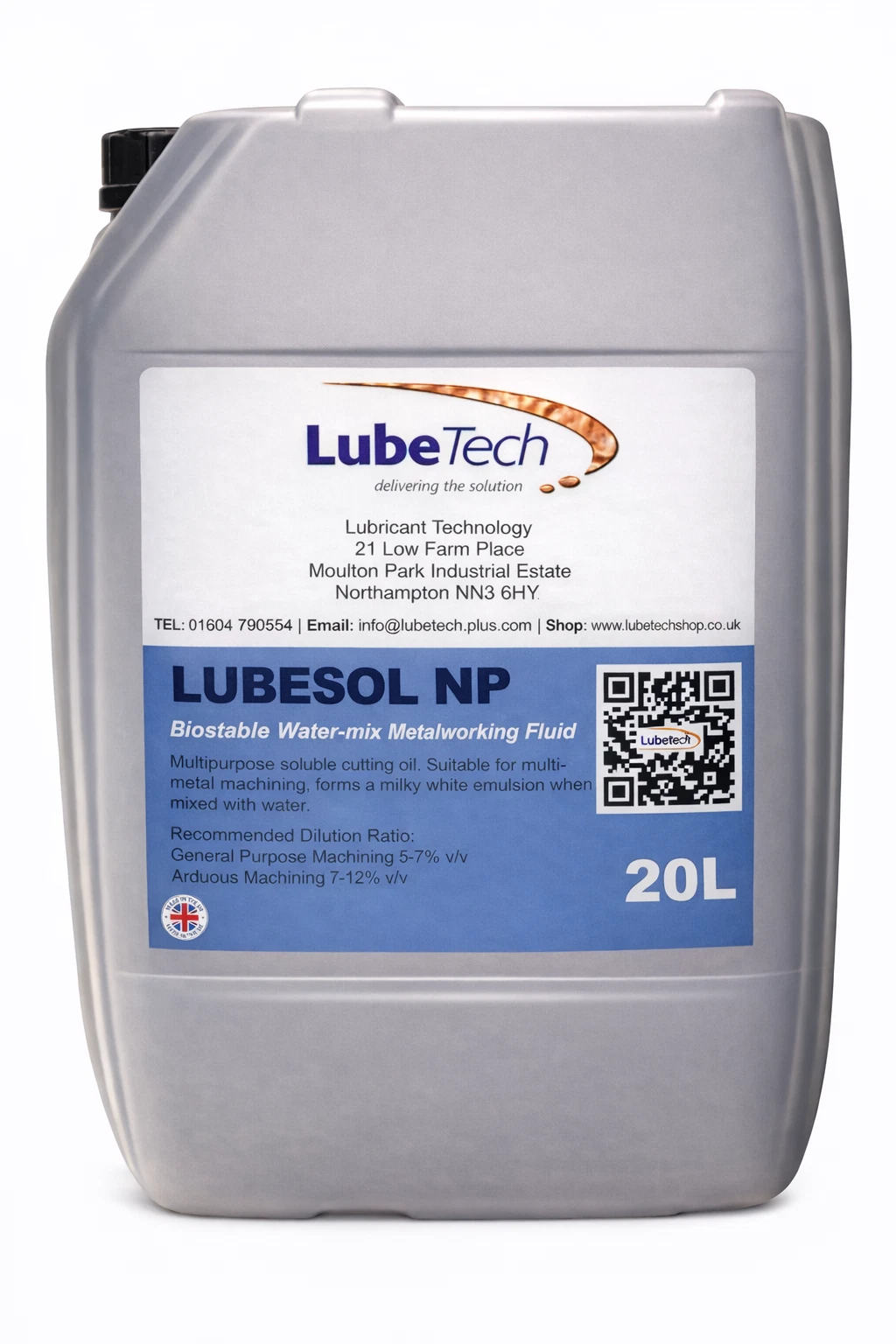 LUBETECH LUBESOL NP SOLUBLE CUTTING OIL 20L, FORMS A MILKY WHITE SOLUTION WHEN MIXED WITH WATER